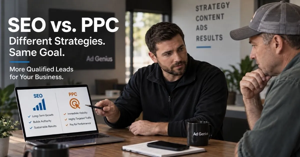 what-is-the-difference-between-seo-and-ppc Difference between SEO and PPC shown as a consultant explains long-term SEO growth and immediate PPC visibility.