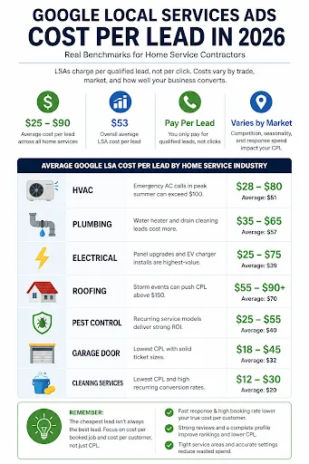 Google Local Services Ads Cost Per Lead for Home Services Google local services ads cost per lead comparison chart showing average CPL by home service industry in 2026.