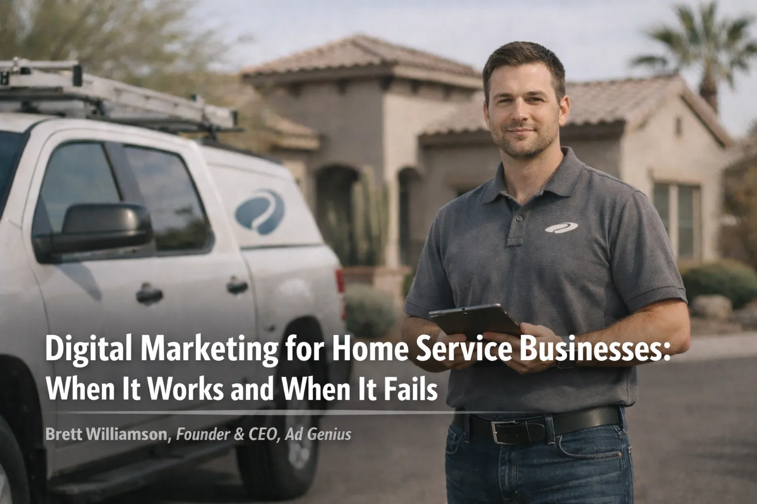 Contractor holding tablet beside service truck representing digital marketing for home services and local contractors.