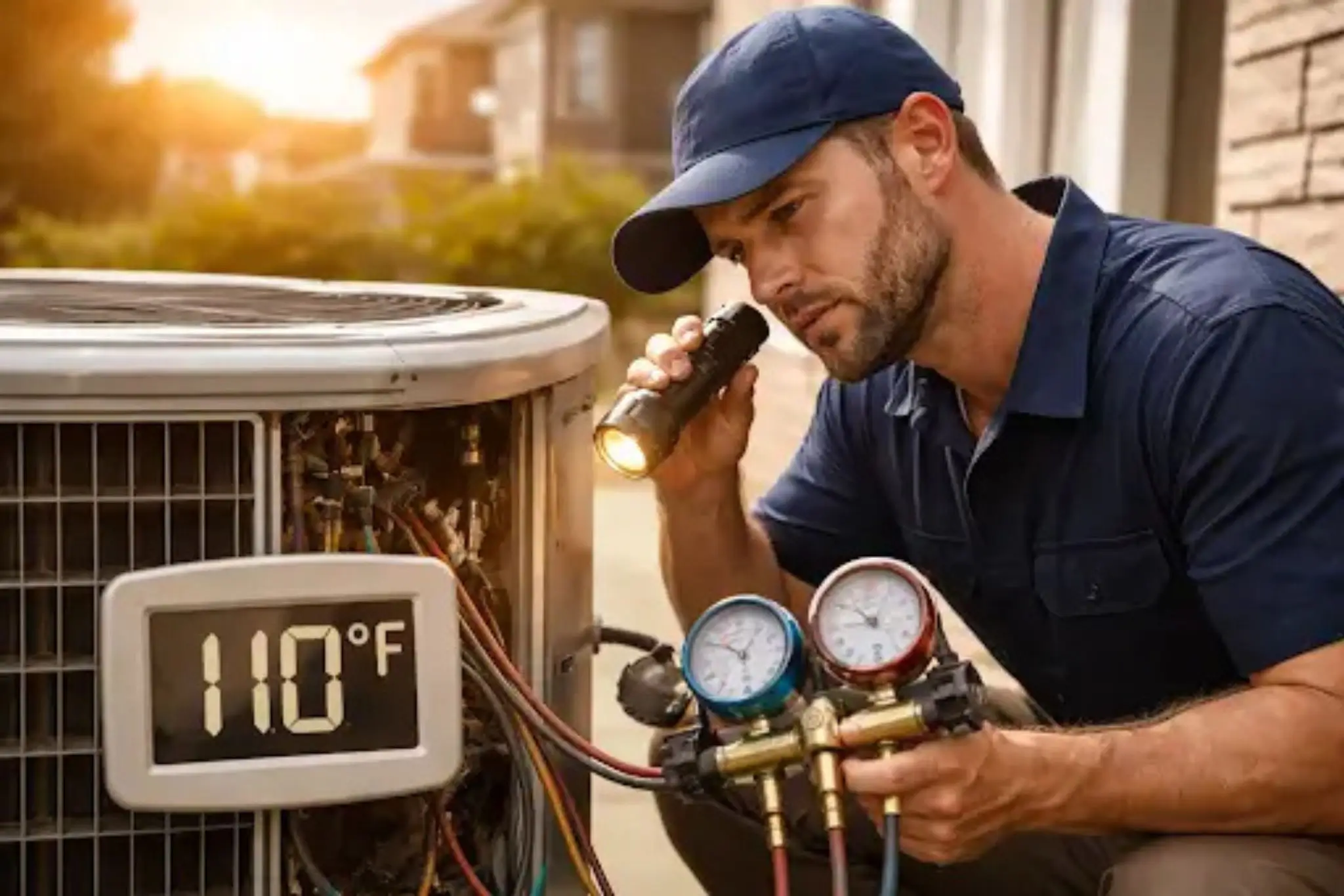 Why HVAC Leads Spike in Summer and Winter Technician repairing AC unit in high heat as HVAC leads spike in summer and winter during extreme temperatures.