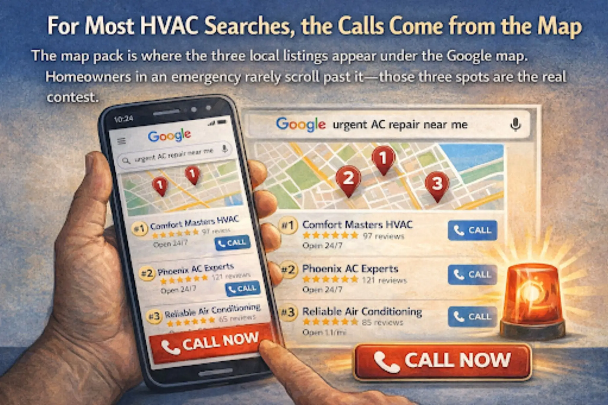 Why HVAC SEO Is So Competitive in Local Markets Google map pack with HVAC listings and calls showing why HVAC SEO is so competitive in local markets for local visibility.