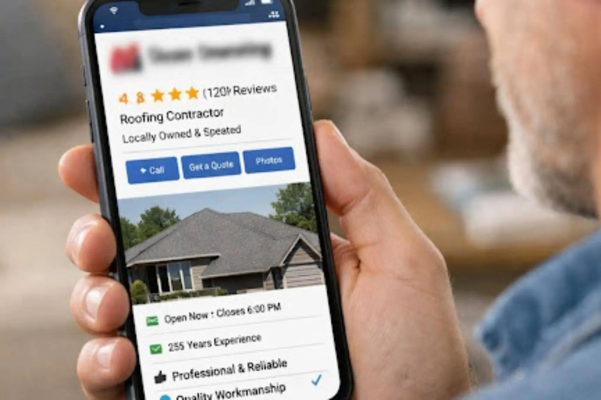 Retail Roofing vs. Storm Roofing: Why the Marketing Strategy Has to Be Different Customer viewing roofing contractor reviews on phone tied to retail vs storm roofing marketing strategy decisions.