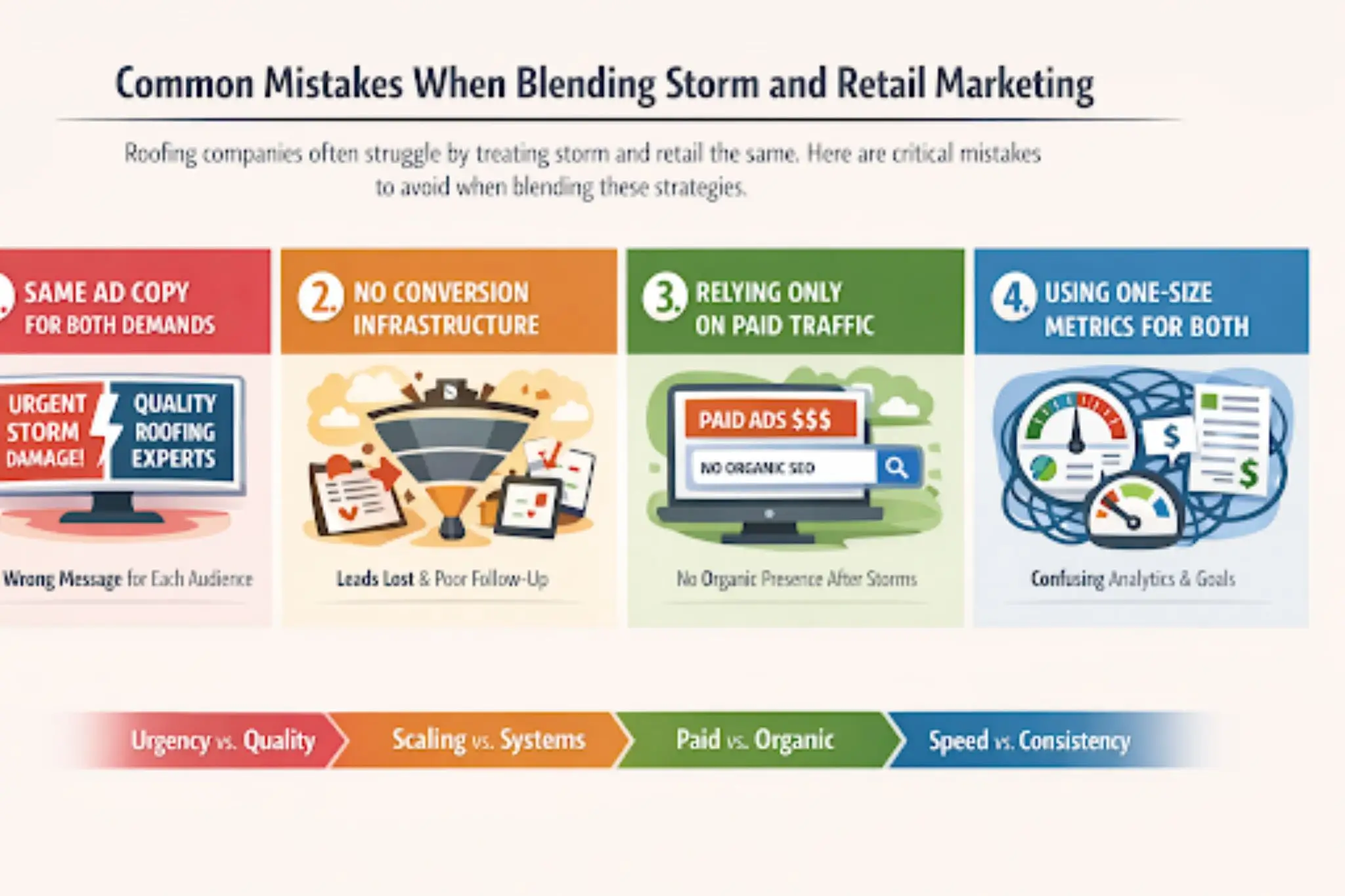 Retail Roofing vs. Storm Roofing: Why the Marketing Strategy Has to Be Different Infographic showing key differences in retail vs storm roofing marketing strategy including ads, leads, and tracking.