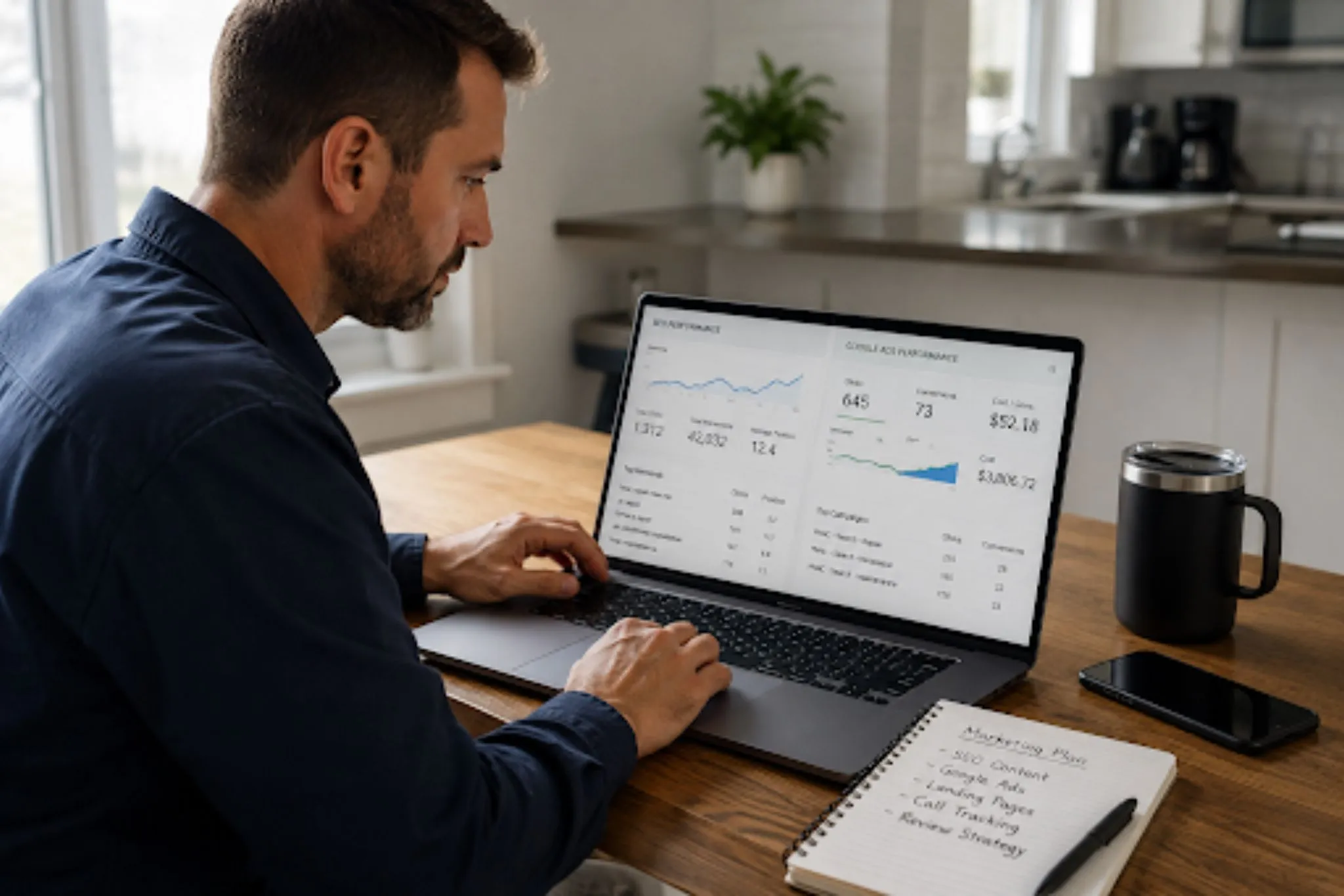 HVAC SEO vs Google Ads: Which Marketing Strategy Actually Generates More Jobs? Business owner analyzing campaign data to evaluate HVAC SEO vs Google Ads performance and ROI.