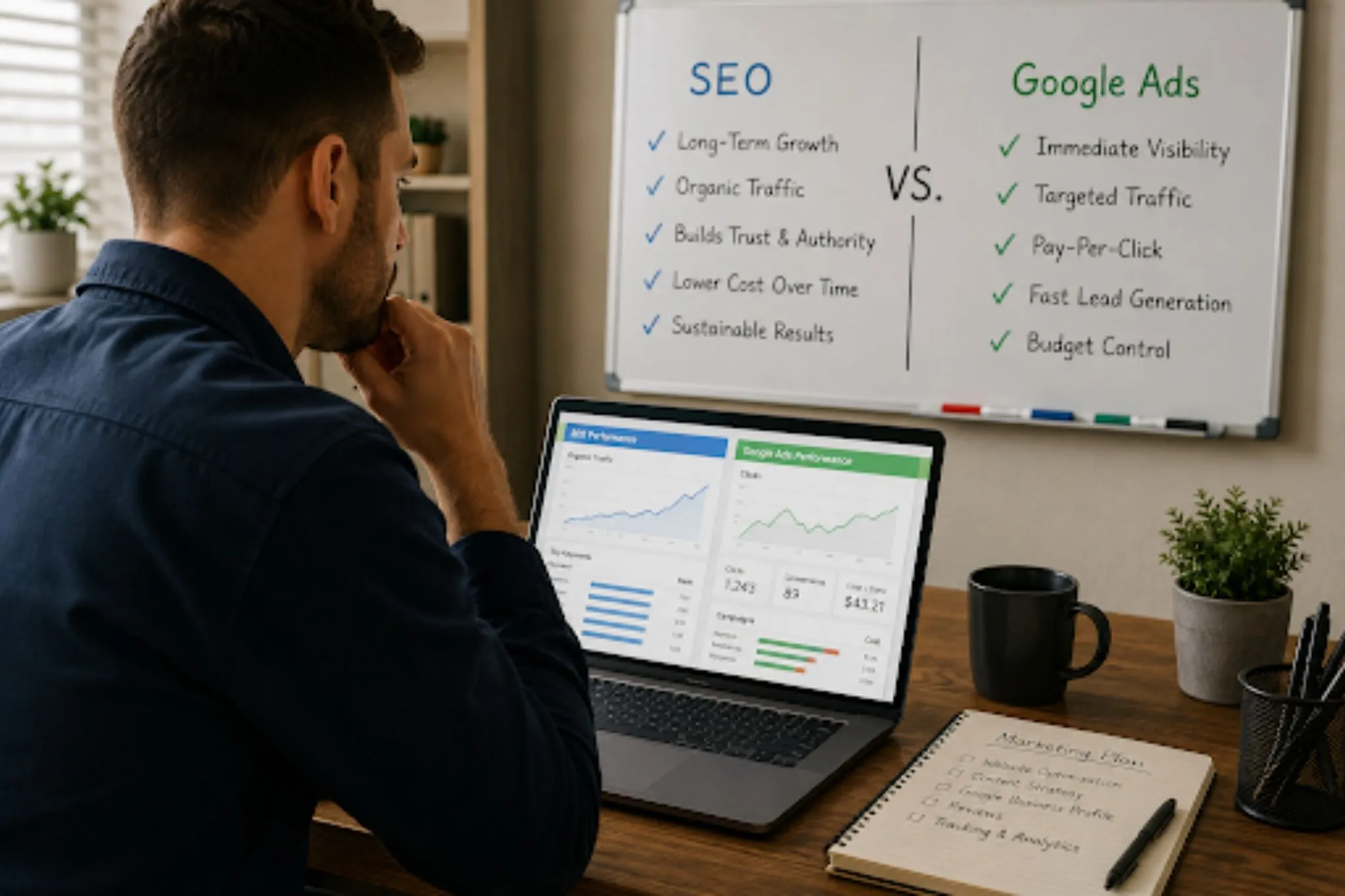 HVAC SEO vs Google Ads: Which Marketing Strategy Actually Generates More Jobs? Marketing dashboard and comparison chart showing HVAC SEO vs Google Ads benefits for HVAC companies.