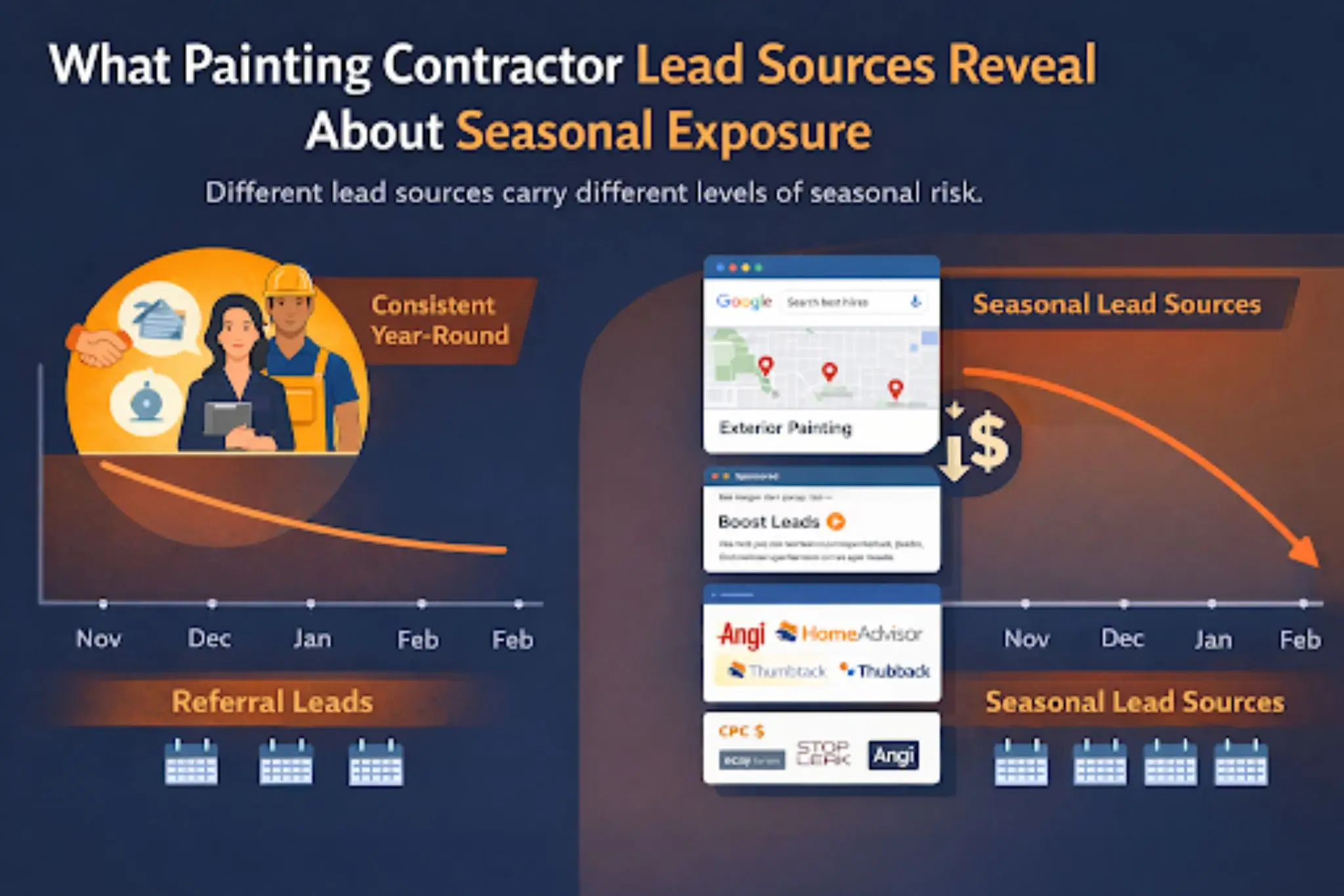 Why Painting Leads Slow Down in Winter Chart comparing seasonal painting contractor leads from referrals, Google search, and paid lead platforms.