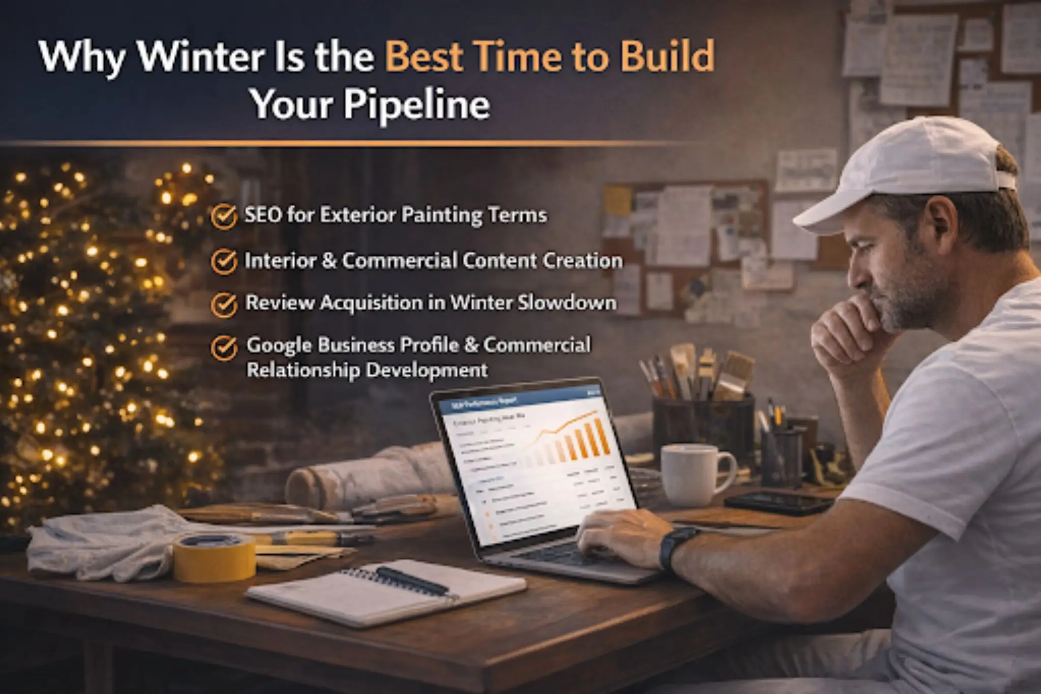 Why Painting Leads Slow Down in Winter Painter reviewing SEO and marketing data to improve painting contractor leads during the winter season.