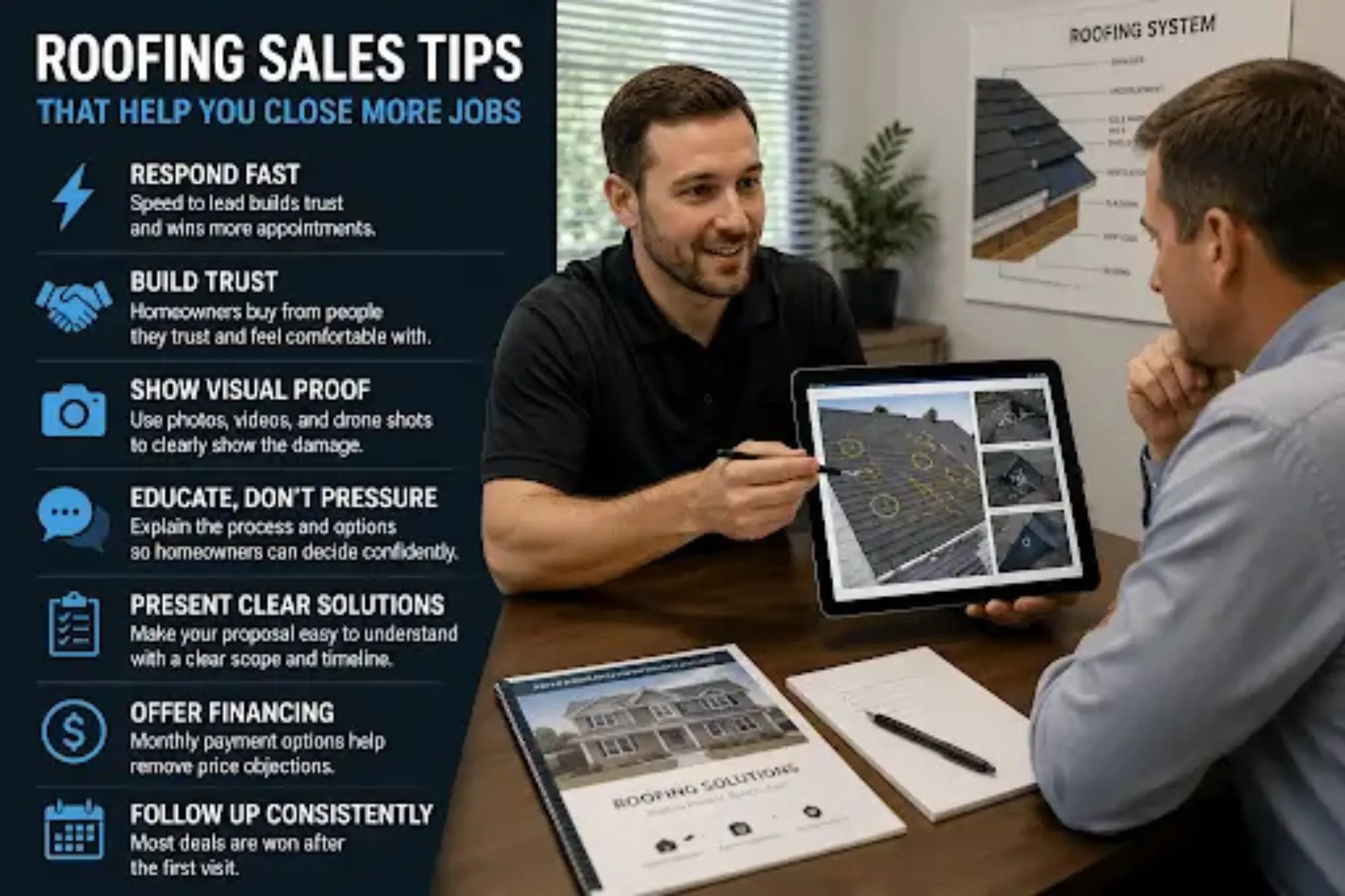 Why Some Roofing Sales Reps Consistently Close More Jobs Than Others Contractor presenting inspection findings to a homeowner using roofing sales tips that improve close rates.