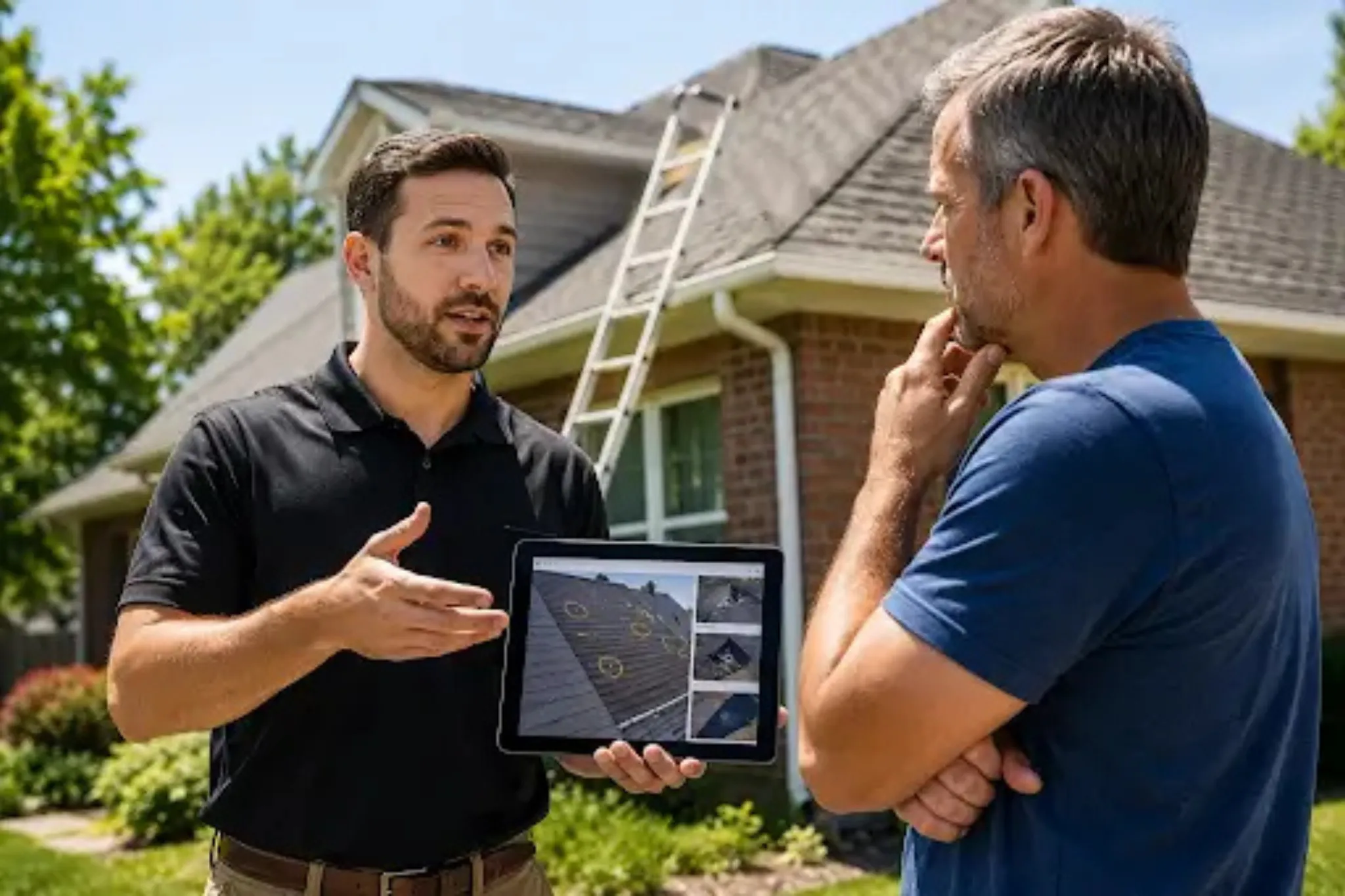 Why Some Roofing Sales Reps Consistently Close More Jobs Than Others Roofing salesperson reviewing inspection photos with a homeowner using roofing sales tips to build trust.