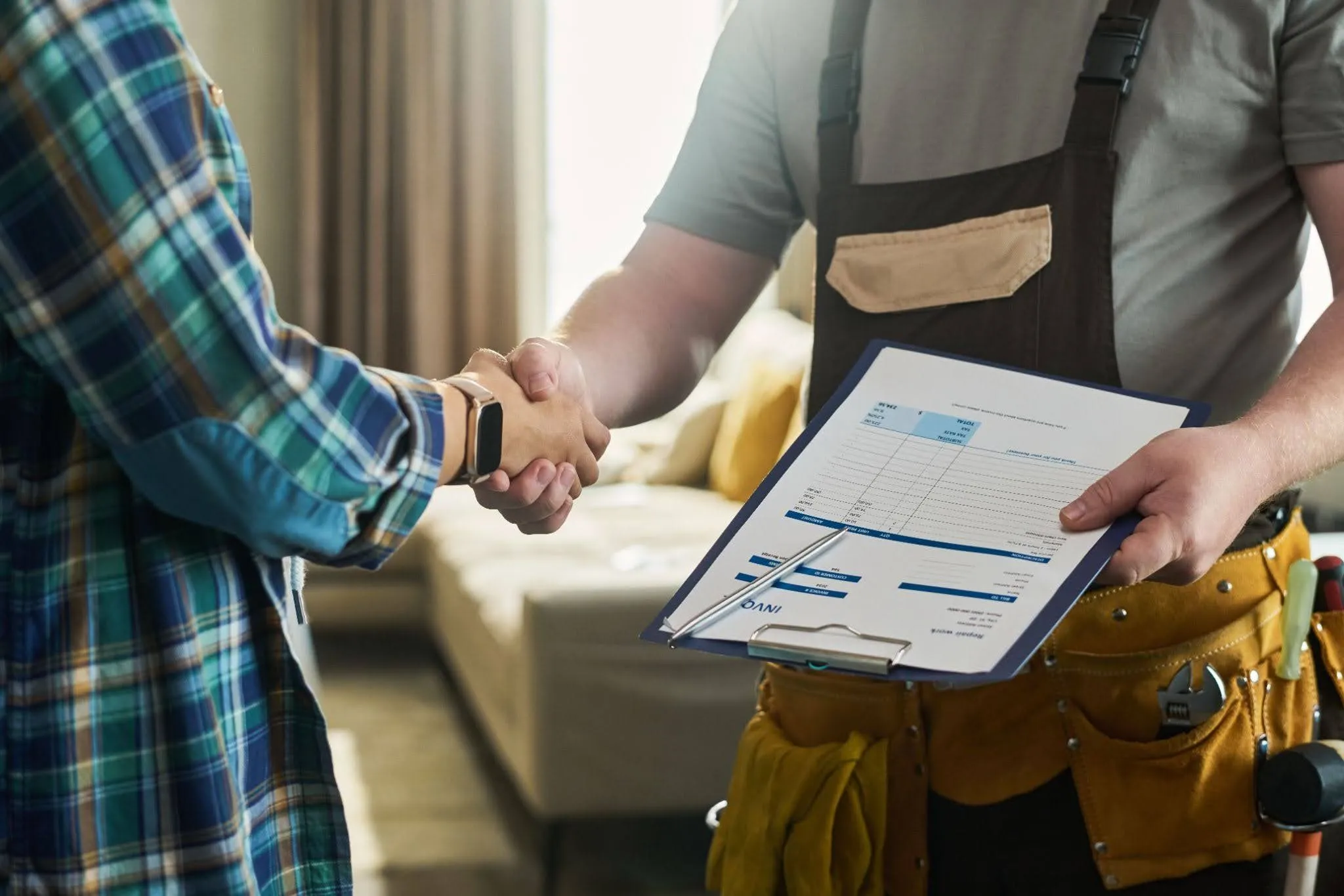 hvac-maintenance-agreements-handshake HVAC maintenance agreements discussion ending with a technician and homeowner shaking hands beside service paperwork.